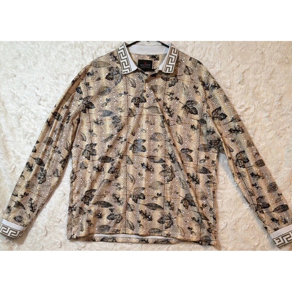 Suslo Couture Men’s 3XL Slim Fit Brown Baroque Print Stretch Button-Up Shirt